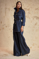 Navy Blue Oversized Jacket with Belt and Button Details 61190