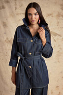 Navy Blue Oversized Jacket with Belt and Button Details 61190