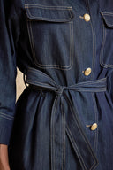 Navy Blue Oversized Jacket with Belt and Button Details 61190