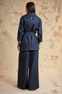 Navy Blue Oversized Jacket with Belt and Button Details 61190