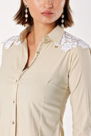 Beige Ecru Guipure DETAILED POPLIN SHIRT 10429