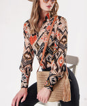 Beige Orange Printed chiffon shirt 10819