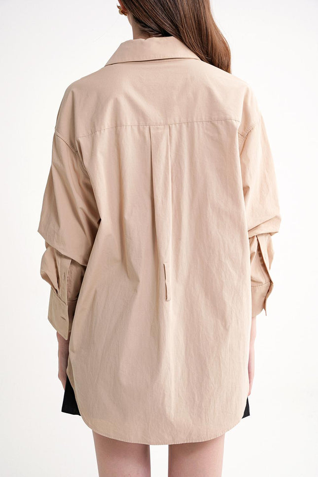Beige Gathered sleeves, a belted waist, and low shoulders shirt 10839