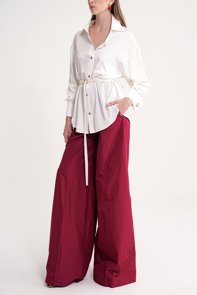 White Gathered sleeves, a belted waist, and low shoulders shirt 10841