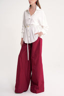 White Gathered sleeves, a belted waist, and low shoulders shirt 10841