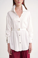 White Gathered sleeves, a belted waist, and low shoulders shirt 10841