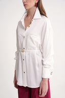 White Gathered sleeves, a belted waist, and low shoulders shirt 10841