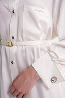 White Gathered sleeves, a belted waist, and low shoulders shirt 10841