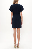 Navy Blue V-neck Pleated skirt mini dress 91417