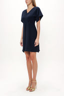 Navy Blue V-neck Pleated skirt mini dress 91417