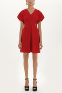 Red V-neck Pleated skirt mini dress 91417