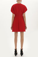 Red V-neck Pleated skirt mini dress 91417