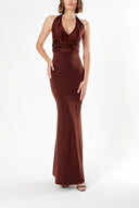 Brown DEEP V-NECK KNITTED FABRIC DRESS 91733