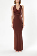 Brown DEEP V-NECK KNITTED FABRIC DRESS 91733