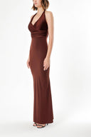 Brown DEEP V-NECK KNITTED FABRIC DRESS 91733