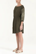 Khaki Embroidered elastic  waist viscose mini  dress  92096