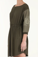 Khaki Embroidered elastic  waist viscose mini  dress  92096