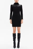 Black Leather fabric combined, zipped slim fit mini dress 92177