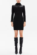 Black Leather fabric combined, zipped slim fit mini dress 92177