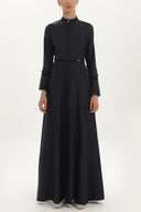 Navy Blue Pleat detail fitted waist maxi dress 92196