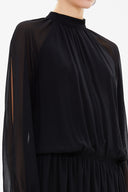 Black Turtle neck Pleated chiffon midi dress 92213