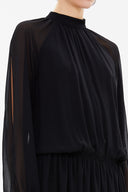 Black Turtle neck Pleated chiffon midi dress 92213