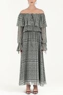 Smoked Ruffled off shoulder, chiffon  maxi dress 92303