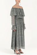 Smoked Ruffled off shoulder, chiffon  maxi dress 92303
