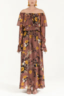 Salmon Ruffled off shoulder, chiffon  maxi dress 92303