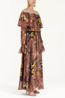 Salmon Ruffled off shoulder, chiffon  maxi dress 92303