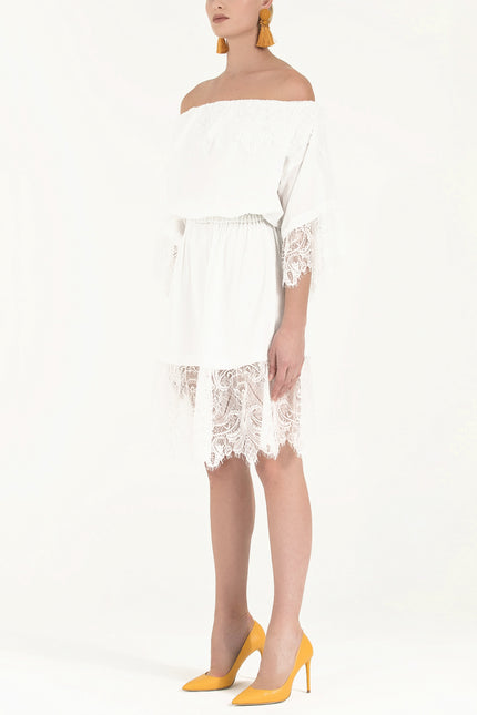 White Laced and elastic midi dress 92313