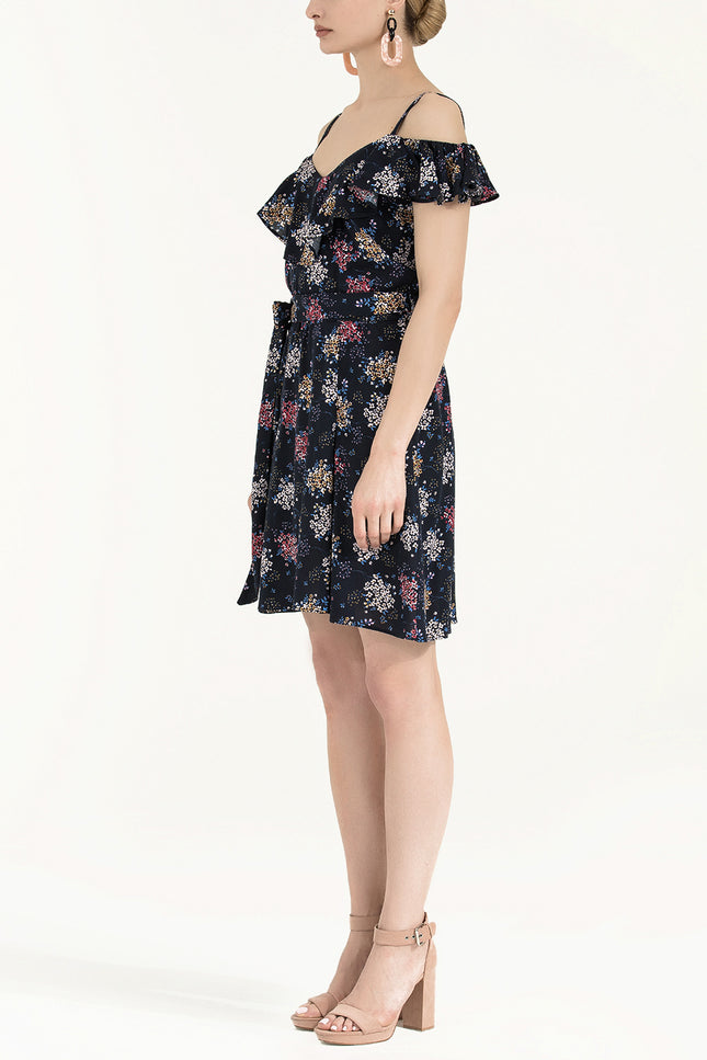 Black Ruffled neck strappy  mini dress 92356