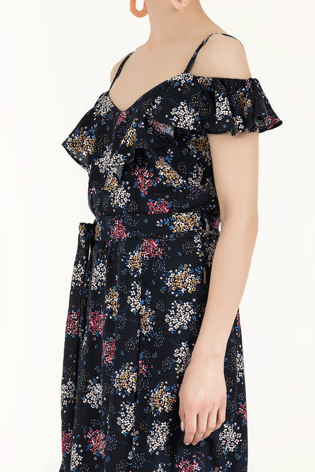 Black Ruffled neck strappy  mini dress 92356