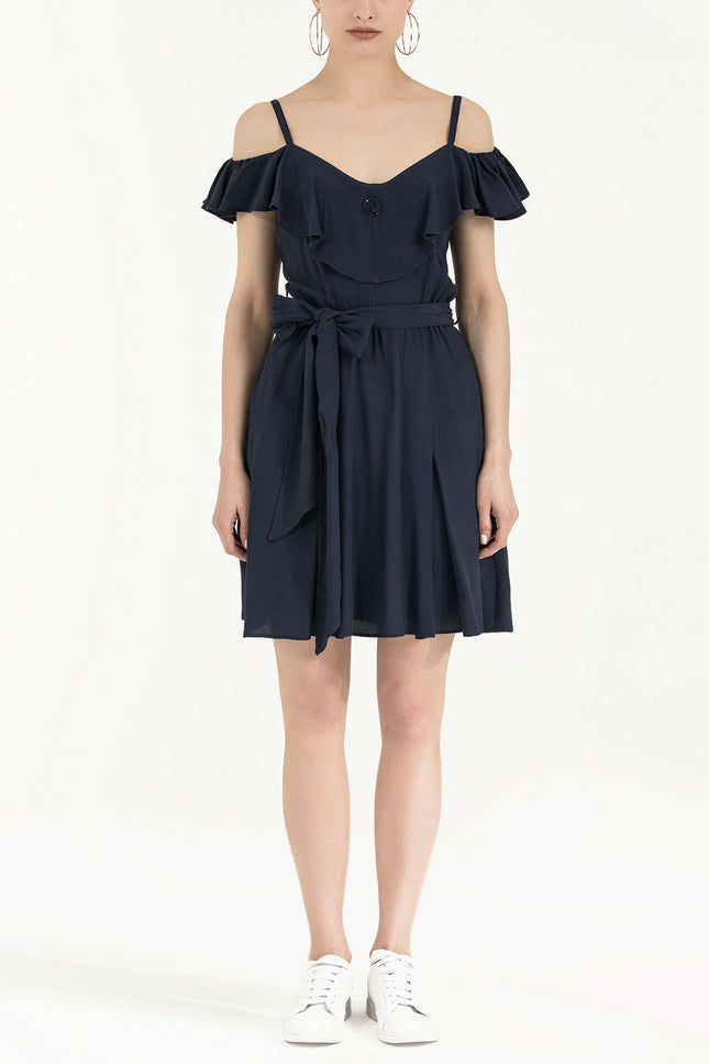 Navy Blue Ruffled neck strappy  mini dress 92356