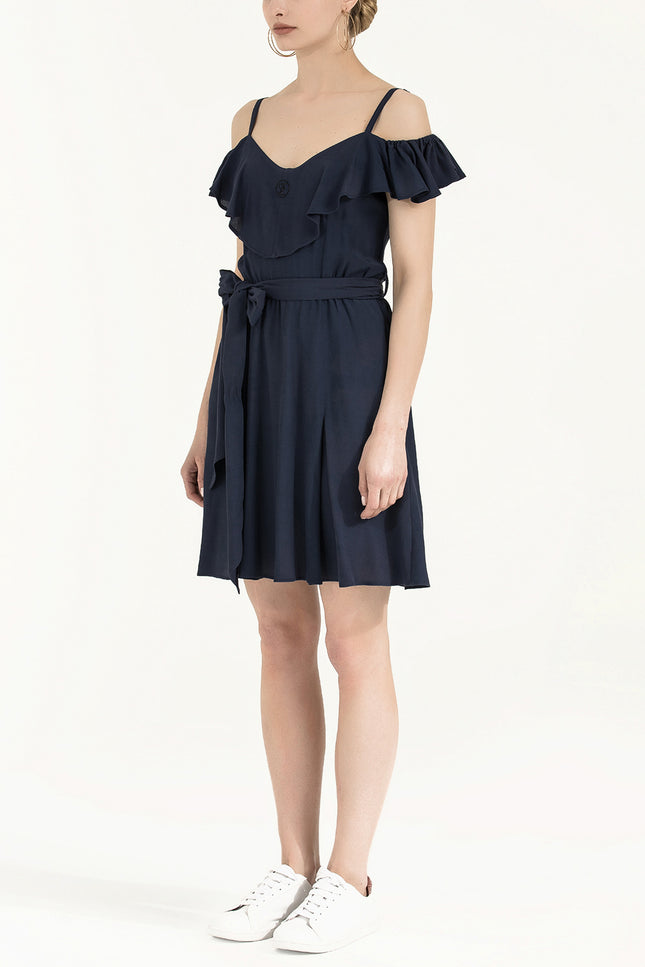 Navy Blue Ruffled neck strappy  mini dress 92356