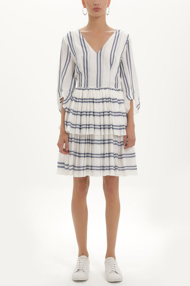 Blue V-neck ruffled striped mini dress 92384