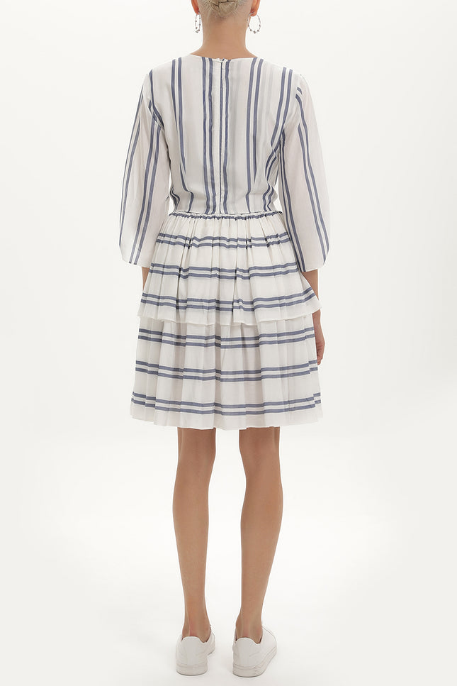 Blue V-neck ruffled striped mini dress 92384