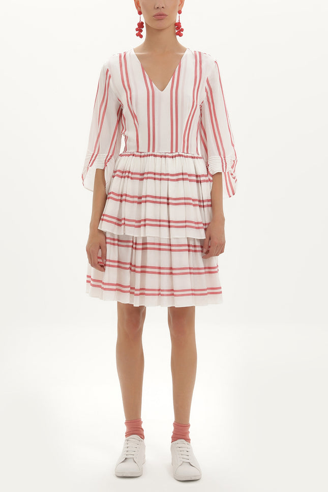 Red V-neck ruffled striped mini dress 92384