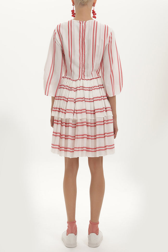 Red V-neck ruffled striped mini dress 92384