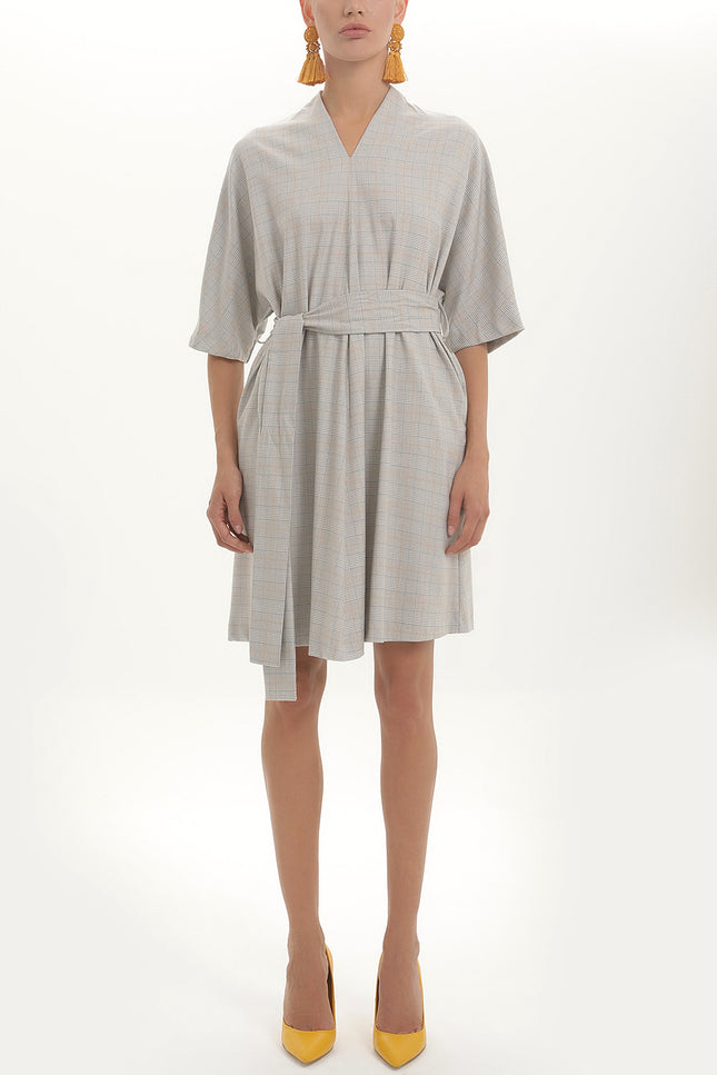 Gray Belted V-neck wide cut mini dress 92408