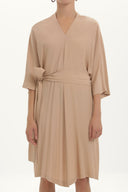 Beige Belted V-neck wide cut mini dress 92408