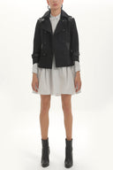 Black White Button wide cut mini dress 92411