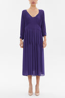 Blue V-neck Pleated wide cut midi dress 92479