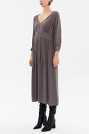 Mink V-neck Pleated wide cut midi dress 92479