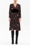 Brown V-neck velvet fabric combined midi dress 92485