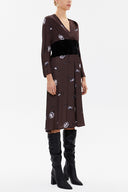 Brown V-neck velvet fabric combined midi dress 92485