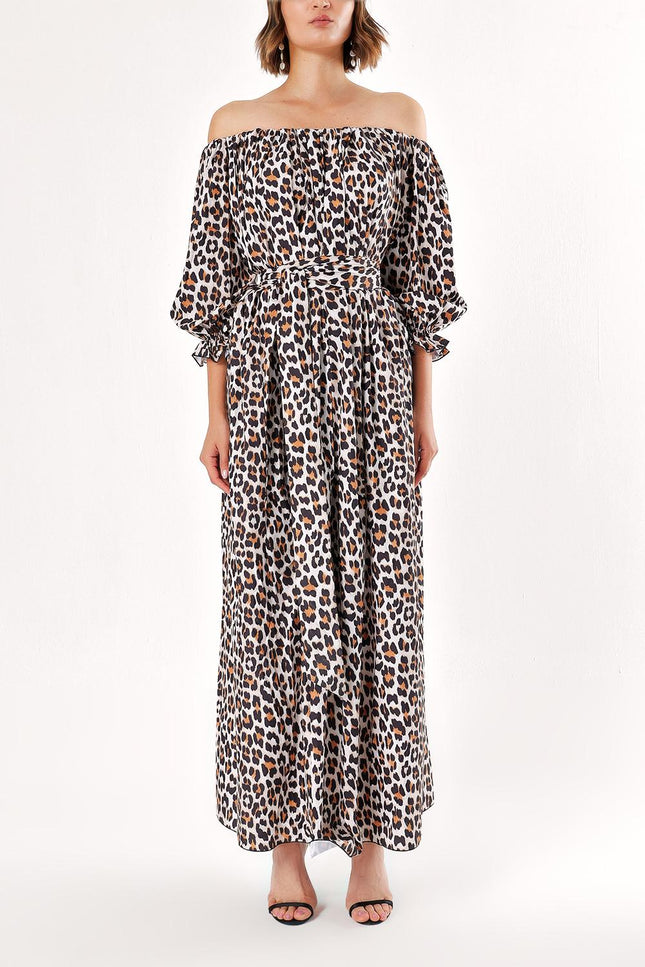 Leopar Düşük Omuz Bol Kesim Elbise 92635