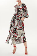 Red Elastic balloon sleeve maxi dress 92718