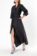 Black Balloon Sleeve And Elastic Long Shirt Dress 92738