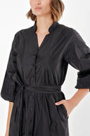 Black Balloon Sleeve And Elastic Long Shirt Dress 92738